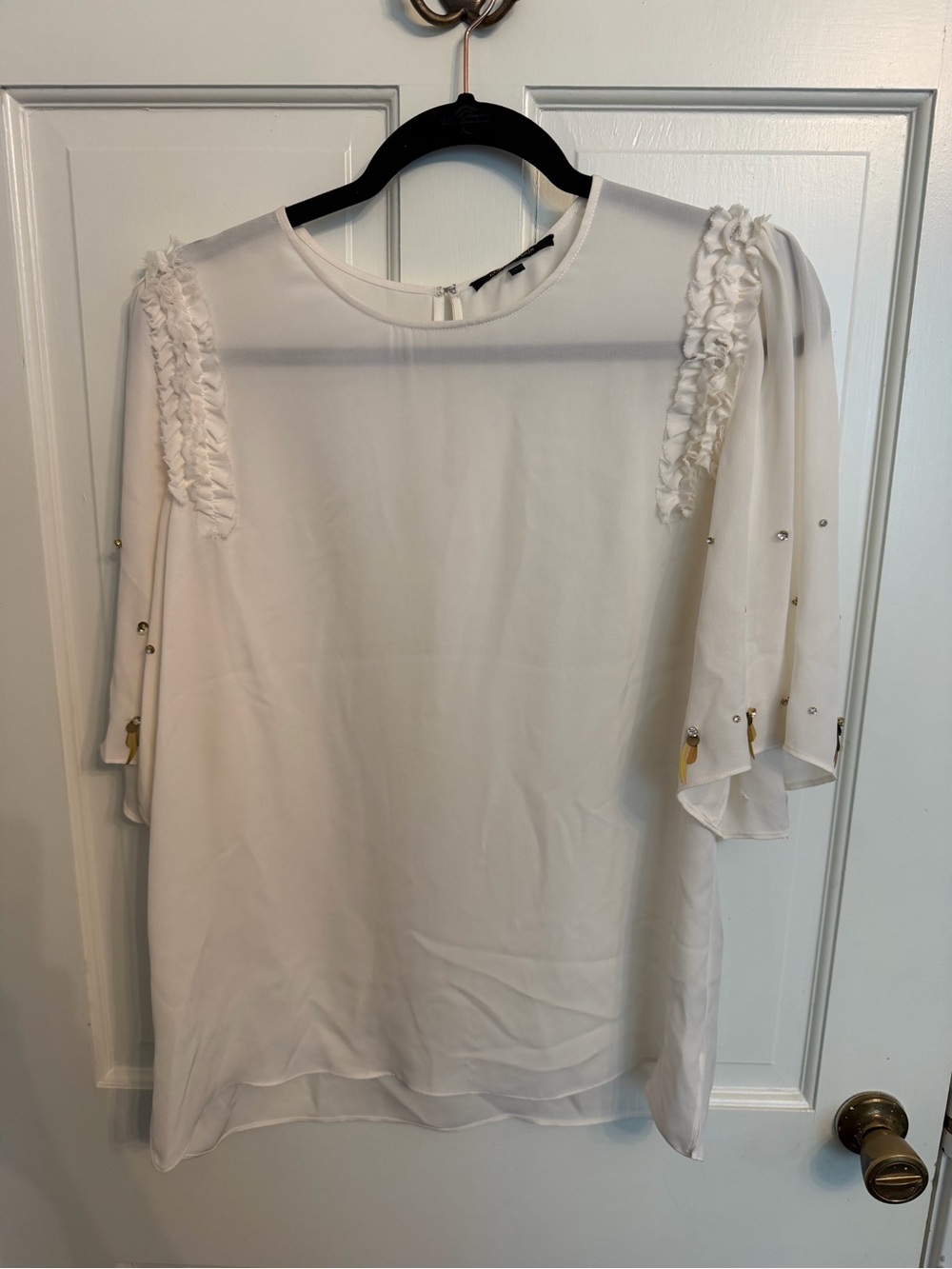 Kobi Halperin White Ruffle Sleeve Chiffon Top with Stud Accents